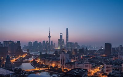 Shanghai, China, tarde, puesta de sol, rascacielos, ciudad moderna, metropolis