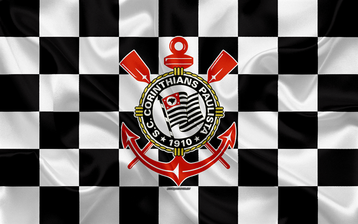 Corinthian FC, 4k, logo, creative art, white black checkered flag, Brazilian football club, Serie A, emblem, silk texture, Sao Paulo, Brazil, Sport Club Corinthians Paulista
