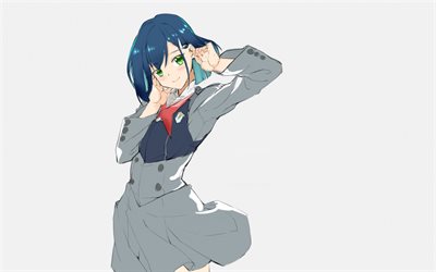 Darling in the FranXX, Ichigo, anime series, portrait, character, name 015, bright green eyes, blue hair