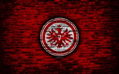 O Eintracht FC, logo, parede de tijolo vermelho, f&#227; de arte, Bundesliga, Alem&#227;o clube de futebol, futebol, textura de tijolos, Frankfurt, Alemanha
