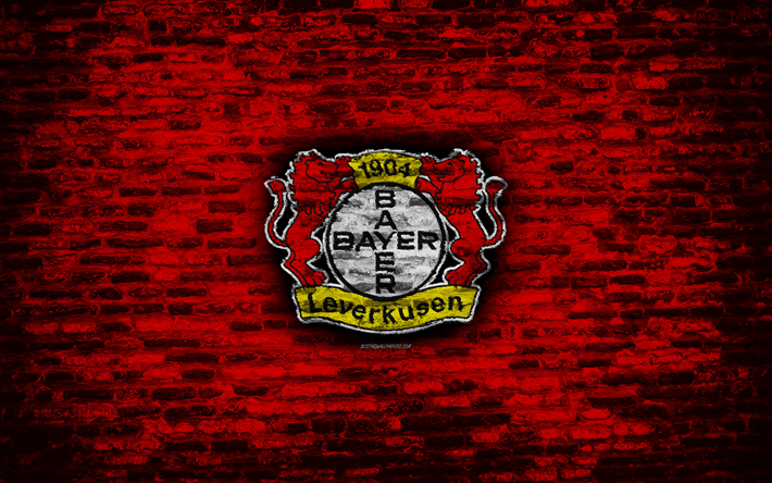Bayer 04 Leverkusen FC, emblem, red brick wall, Bundesliga, logo, German football club, soccer, football, brick texture, Leverkusen, Germany