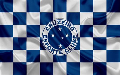 Cruzeiro FC, 4k, logo, creative art, blue white checkered flag, Brazilian football club, Serie A, emblem, silk texture, Belo Horizonte, Brazil, Cruzeiro Esporte Clube