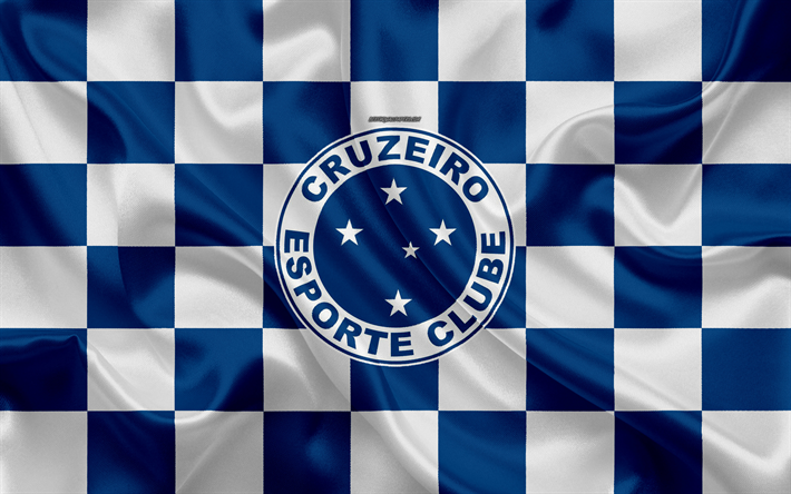 Cruzeiro FC, 4k, logo, creative art, sininen valkoinen ruudullinen lippu, Brasilialainen jalkapalloseura, Serie, tunnus, silkki tekstuuri, Belo Horizonte, Brasilia, Cruzeiro Esporte Clube
