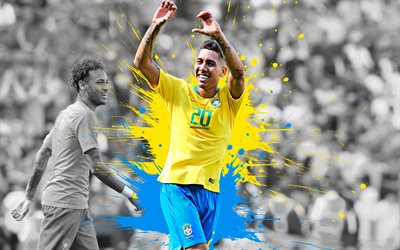 Roberto Firmino, 4k, Brazil national football team, art, yellow blue splashes of paint, grunge art, Brazilian footballer, attacking midfielder, striker, creative art, Brazil, football