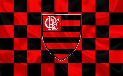 CR Flamengo, 4k, logo, creative art, red black checkered flag, Brazilian football club, Serie A, emblem, silk texture, Rio de Janeiro, Brazil, Clube de Regatas do Flamengo