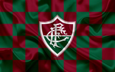 Fluminense FC, 4k, logo, creative art, burgundy green checkered flag, Brazilian football club, Serie A, emblem, silk texture, Rio de Janeiro, Brazil