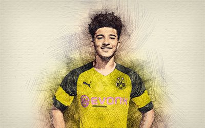 Jadon Sancho, artwork, english footballers, Borussia Dortmund FC, BVB, Sancho, soccer, Bundesliga, drawing Sancho