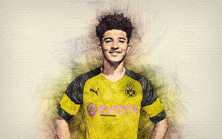Jadon Sancho, artwork, english footballers, Borussia Dortmund FC, BVB, Sancho, soccer, Bundesliga, drawing Sancho