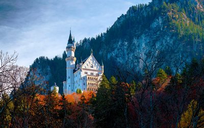 Neuschwanstein Slott, h&#246;st, vackra gamla slott, gula tr&#228;d, skogen, Bayern, Schwangau, Tyskland