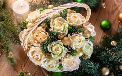 neujahr, dekoration, kugeln, dekorative rosen, gl&#252;ckliches neues jahr, weihnachten