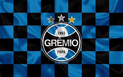 gremio fc, 4k, logo, kunst, blau-schwarz-karierte flagge, brasilianische fu&#223;ball-club, serie a, emblem, seide textur, porto alegre, brasilien