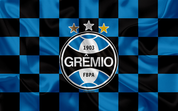 Gremio FC, 4k, logo, creative art, sininen musta ruudullinen lippu, Brasilialainen jalkapalloseura, Serie, tunnus, silkki tekstuuri, Porto Alegre, Brasilia