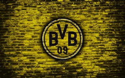 Borussia Dortmund FC, logo, yellow brick wall, BVB, Bundesliga, German football club, soccer, football, brick texture, Dortmund, Germany