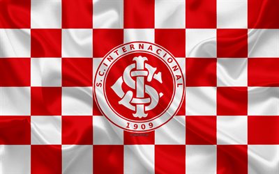 Internacional, 4k, logo, creative art, red white checkered flag, Brazilian football club, Serie A, emblem, silk texture, Porto Alegre, Brazil, Inter, Sport Club Internacional