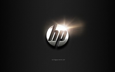 hp metall-logo, schwarze linien, hintergrund, hewlett-packard, black carbon hintergrund, hp logo, emblem, metall-kunst, hp