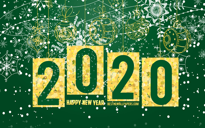 2020 New Year, 2020 Green Christmas background, Happy New Year 2020, 2020 concepts, Green 2020 background, golden christmas balls
