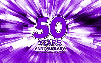 50th anniversary, 4k, violet abstract rays, anniversary concepts, cartoon art, 50th anniversary sign, artwork, 50 Years Anniversary