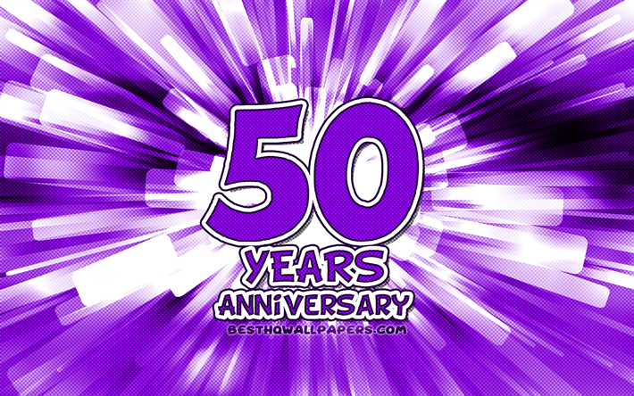 50&#186; aniversario, 4k, violeta resumen de los rayos, aniversario de conceptos, el arte de dibujos animados, del 50&#186; aniversario signo, obras de arte, de 50 A&#241;os de Aniversario