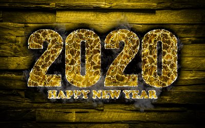2020 keltainen tulinen numeroa, 4k, Hyv&#228;&#228; Uutta Vuotta 2020, keltainen puinen tausta, 2020 fire art, 2020 k&#228;sitteit&#228;, 2020 vuosi numeroa, 2020-keltainen tausta, Uusi Vuosi 2020