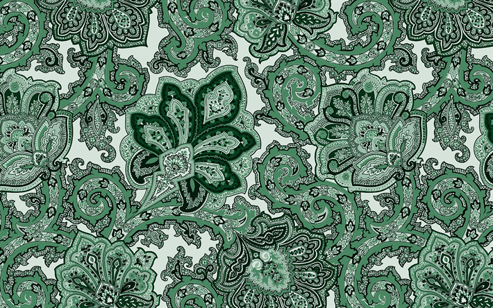 Verde ornamento textura, Flores verdes retro fundo, retro, floral textura, ornamentos florais, Verde retro fundo
