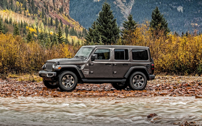 Jeep Wrangler, 2019, vista lateral, grises nuevos Wrangler SUV, paisaje americano, oto&#241;o, coches americanos, Jeep