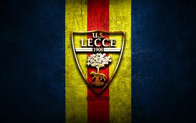 Lecce FC, golden logo, Serie A, blue metal background, football, US Lecce, italian football club, Lecce logo, soccer, Italy