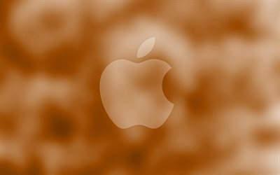 Apple brown logo, 4k, brown blurred background, Apple, minimal, Apple logo, artwork