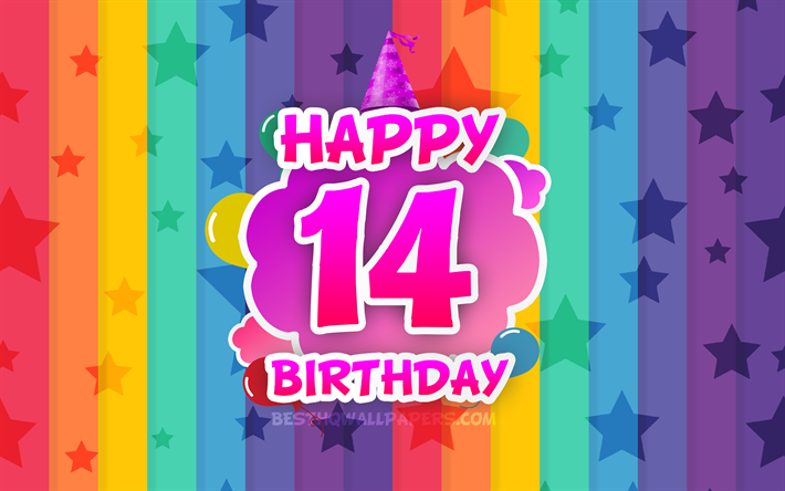 Скачать обои Happy 14th birthday, colorful clouds, 4k, Birthday concept