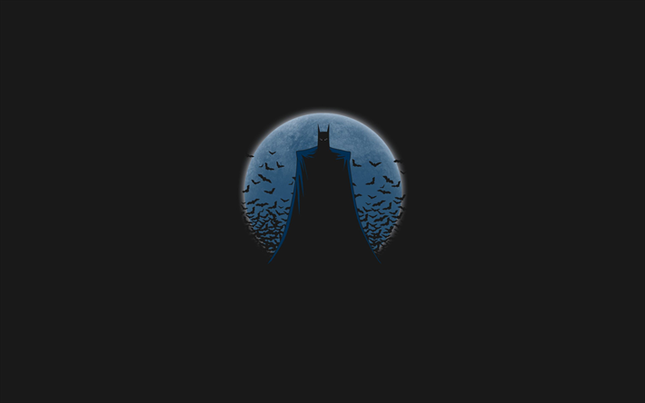 Batman, 4k, gray background, superheroes, minimal, Bat-man, batman at night, Batman minimalism