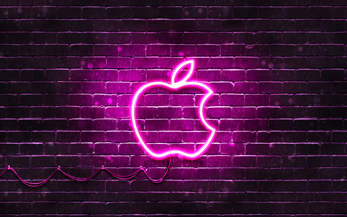 Apple purple logo, 4k, purple brickwall, purple neon apple, Apple logo, brands, Apple neon logo, Apple
