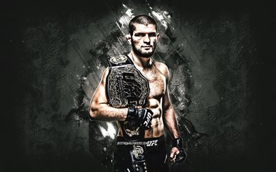 Khabib Nurmagomedov, UFC, russo UFC fighter, portrait, in pietra grigia, sfondo, Combattimento Sambo Campione del Mondo, Campione dei pesi Leggeri UFC, MMA