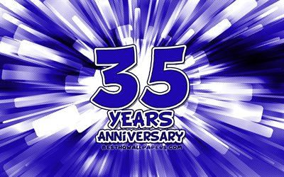 35th anniversary, 4k, blue abstract rays, anniversary concepts, cartoon art, 35th anniversary sign, artwork, 35 Years Anniversary