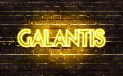 Galantis gula logo, 4k, superstj&#228;rnor, svenska DJ: s, gul tegelv&#228;gg, Galantis logotyp, Christian Karlsson, Linus Eklow, Galantis, musikstj&#228;rnor, Galantis neonlogotyp