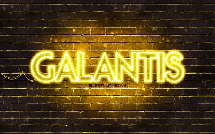 galantis gelbes logo, 4k, superstars, schwedische djs, gelbe ziegelwand, galantis logo, christian karlsson, linus eklow, galantis, musikstars, galantis neon-logo