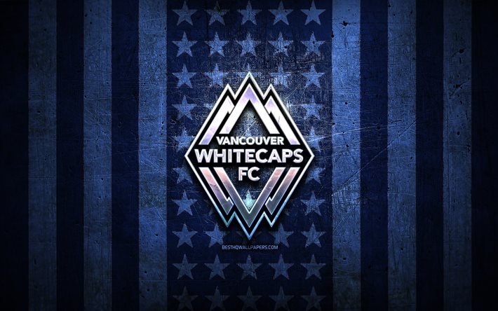 Drapeau des Whitecaps de Vancouver, MLS, fond de m&#233;tal bleu, club de soccer am&#233;ricain, logo des Whitecaps de Vancouver, &#201;tats-Unis, soccer, Vancouver Whitecaps FC, logo dor&#233;