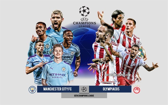 Manchester City FC vs Olympiacos, Gruppo C, UEFA Champions League, Anteprima, materiale promozionale, calciatori, Champions League, partita di calcio, Manchester City FC, Olympiacos