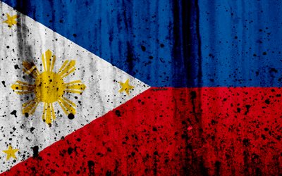 Filippine bandiera, 4k, grunge, bandiera delle Filippine, Asia, Filippine, simboli nazionali, Filippine bandiera nazionale