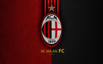 AC Milan, 4k, Italian football club, Serie A, emblem, Milan FC logo, leather texture, Milan, Italy, Italian Football Championships