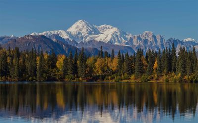 mountain landscape, forest, autumn, trees, lake, Alaska, USA