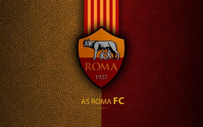 Roma FC, 4k, Italian football club, Serie A, emblem, logo, leather texture, Rome, Italy, Italian Football Championships, AS Roma
