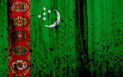Turkmen flag, 4k, grunge, flag of Turkmenistan, Asia, Turkmenistan, national symbols, Turkmenistan national flag