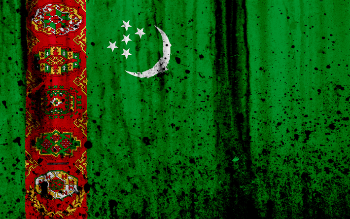 Turkmen bandeira, 4k, grunge, bandeira do Turcomenist&#227;o, &#193;sia, Turcomenist&#227;o, s&#237;mbolos nacionais, Turcomenist&#227;o bandeira nacional