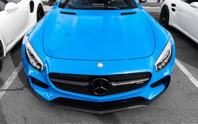 A Mercedes-AMG GT, 4k, 2017 carros, supercarros, azul Mercedes, sportcars, Mercedes