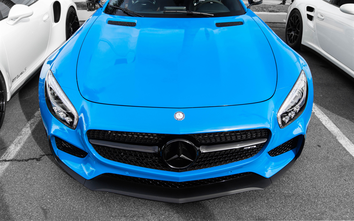 مرسيدس-AMG GT, 4k, 2017 السيارات, شيلت, الأزرق مرسيدس, sportcars, مرسيدس