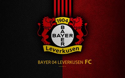 Bayer 04 Leverkusen FC, 4k, German football club, Bundesliga, leather texture, emblem, logo, Leverkusen, Germany, German Football Championships