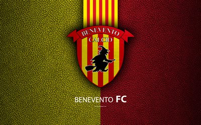 Benevento FC, 4k, Italian football club, Serie A, emblem, logo, leather texture, Benevento, Italy, Italian Football Championships