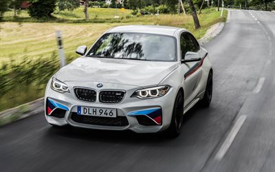 BMW M2, 2017, 4k, sports coupe, m package, white m2, BMW F87, German cars, BMW