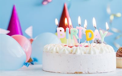 Happy birthday, candles, birthday cake, white cream, balloons