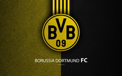 Borussia Dortmund FC, 4k, German football club, Bundesliga, leather texture, emblem, BVB logo, Dortmund, Germany, German Football Championships