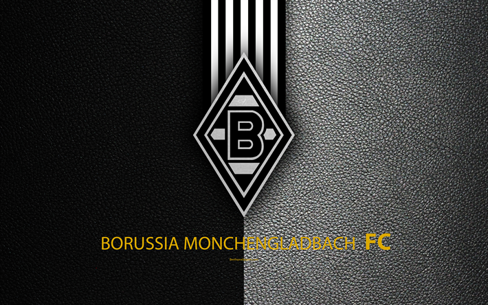 Borussia Monchengladbach FC, 4K, German football club, Bundesliga, leather texture, emblem, logo, M&#246;nchengladbach, Germany, German Football Championships